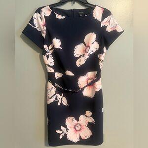 Ann Taylor Navy and Pink Floral Midi Dress with belt size 2 petite